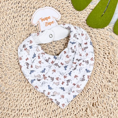 Conj. Body Manga Curta, Babador Bandana e Calça Dinossauros Babys - Off White e Areia